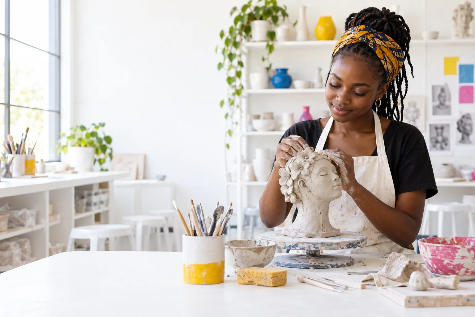 Student creating a ceramic sculpture in a white art classroom