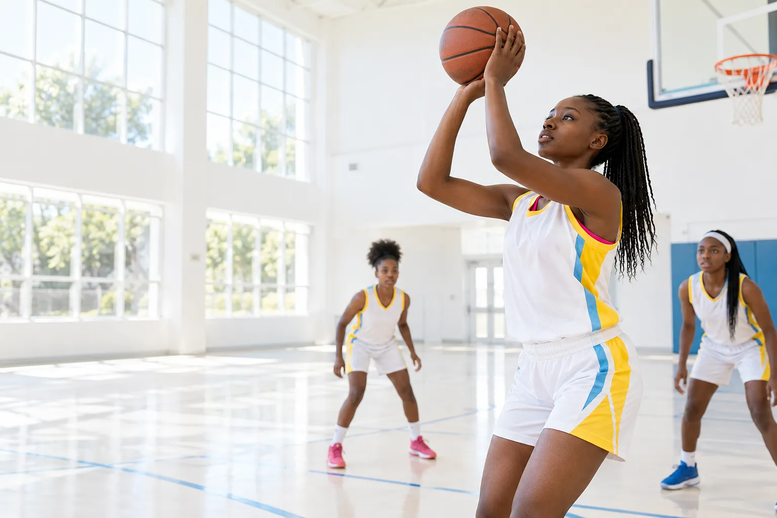 Students playing basketball in a bright indoor court