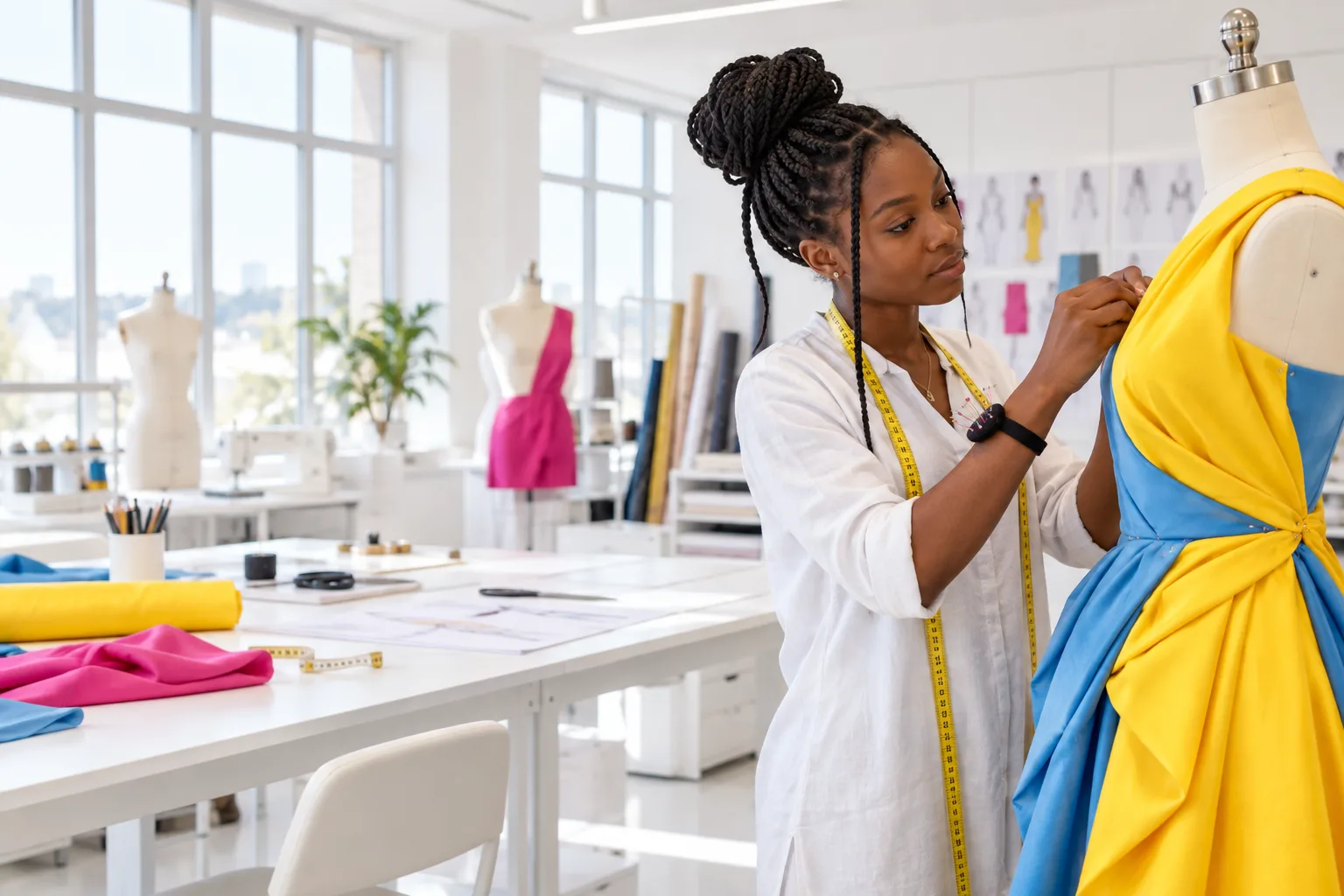 Student creating a garment in a white fashion classroom