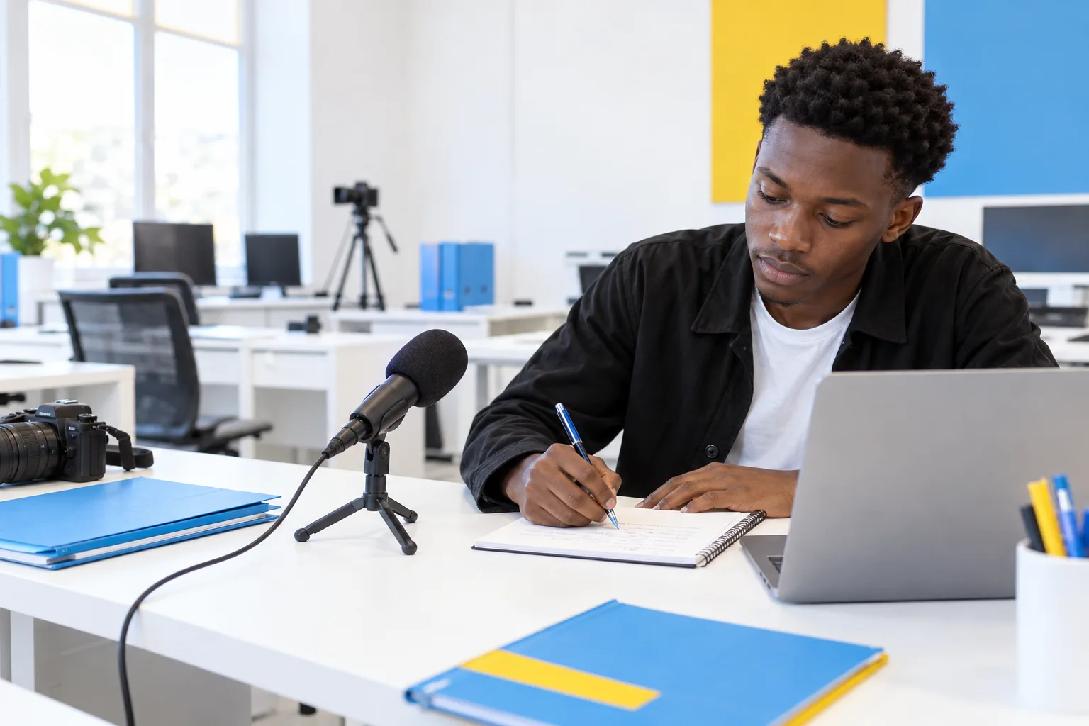 Student taking notes in a college journalism classroom
