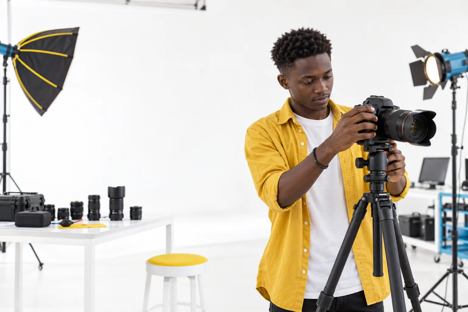 Student setting up a camera in a photography classroom