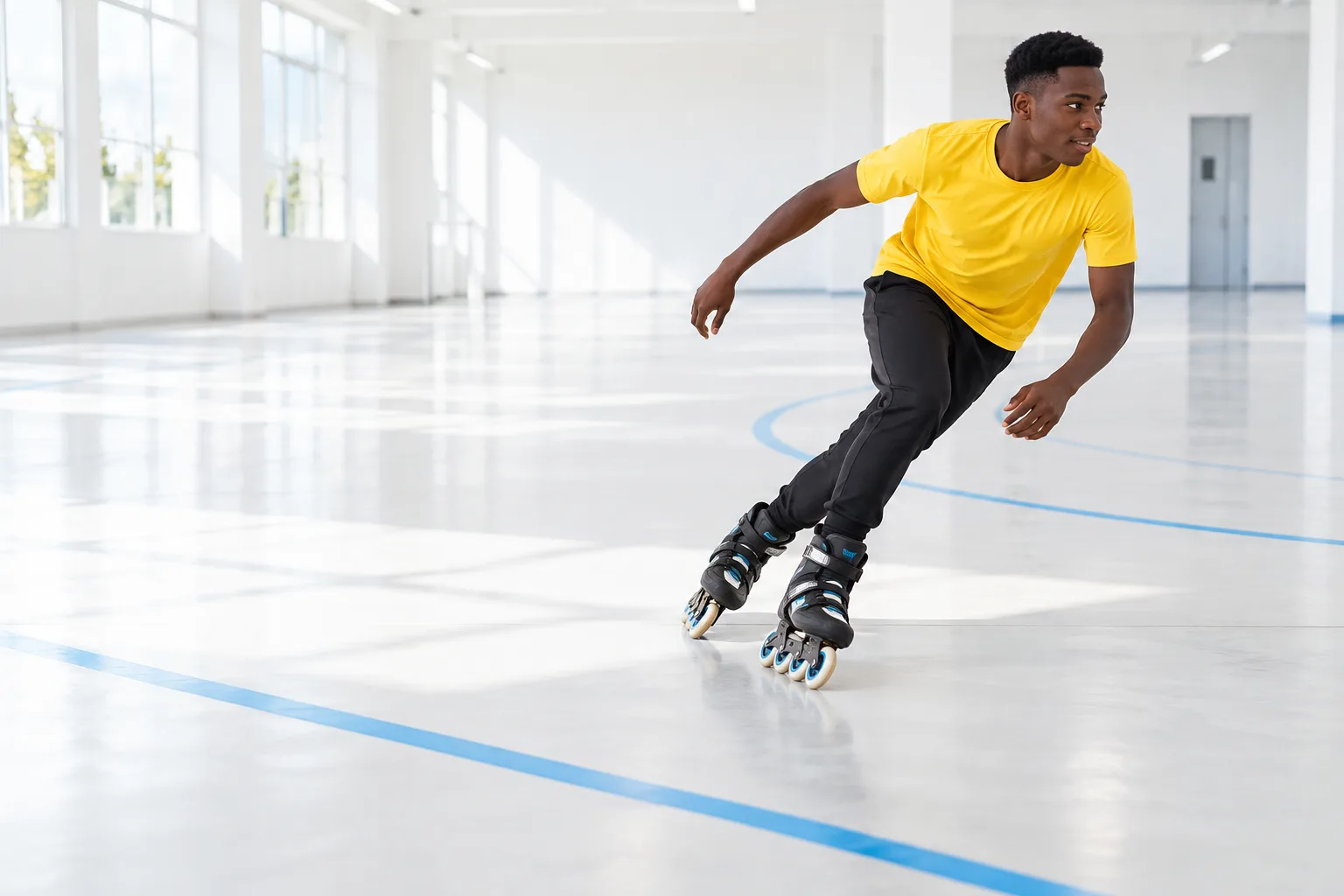 Student inline skating in a bright college activity hall
