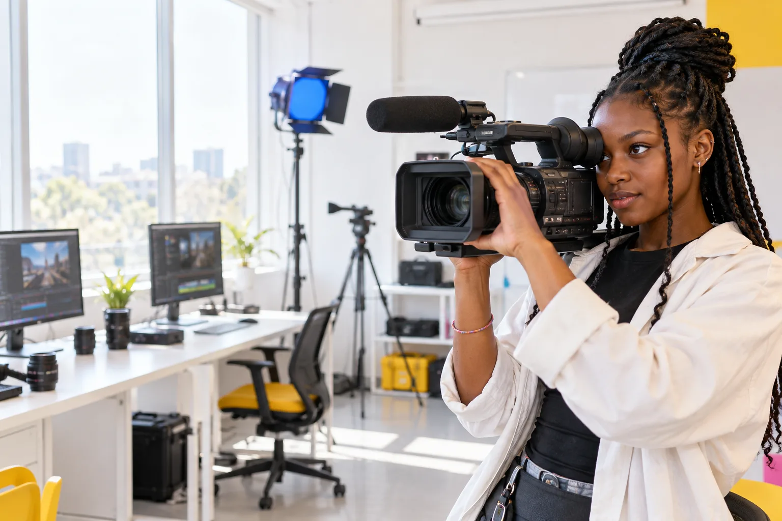 Student filming in a bright college media laboratory