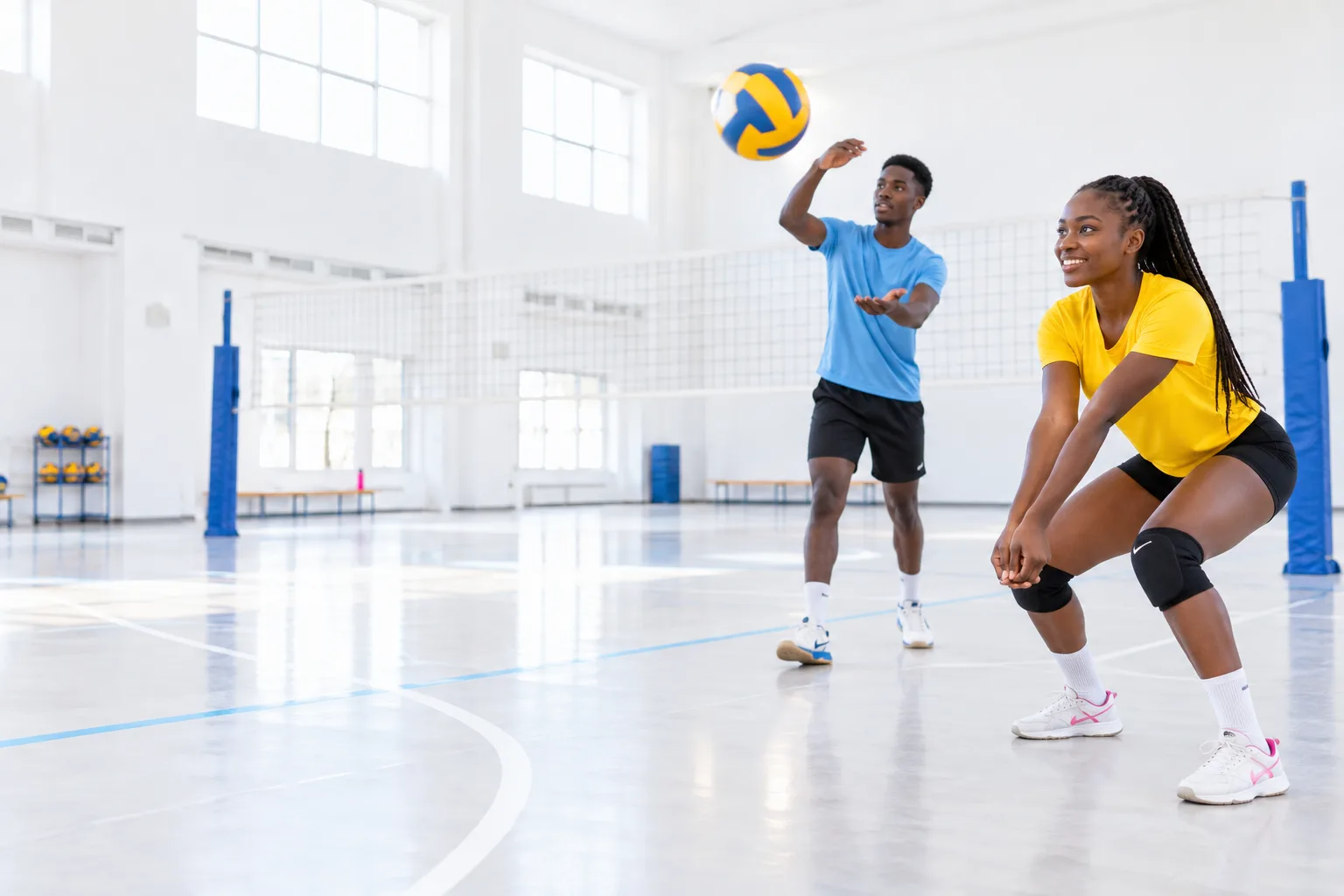 Students playing volleyball in a bright indoor campus court