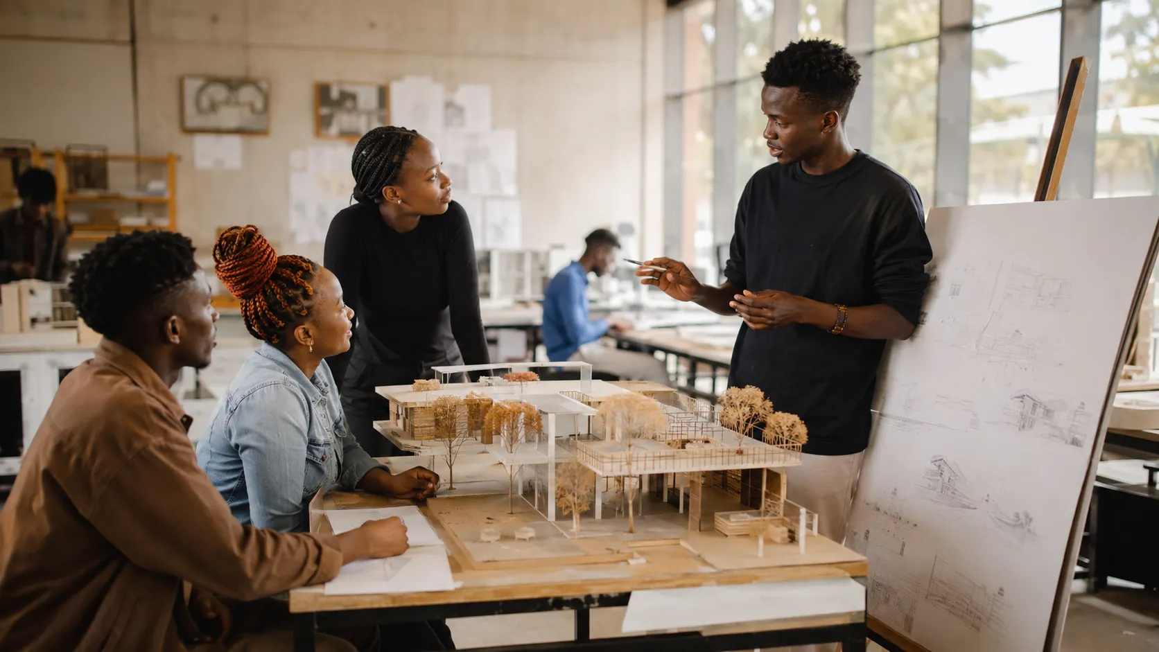 Architecture team discussing a building model and drawings