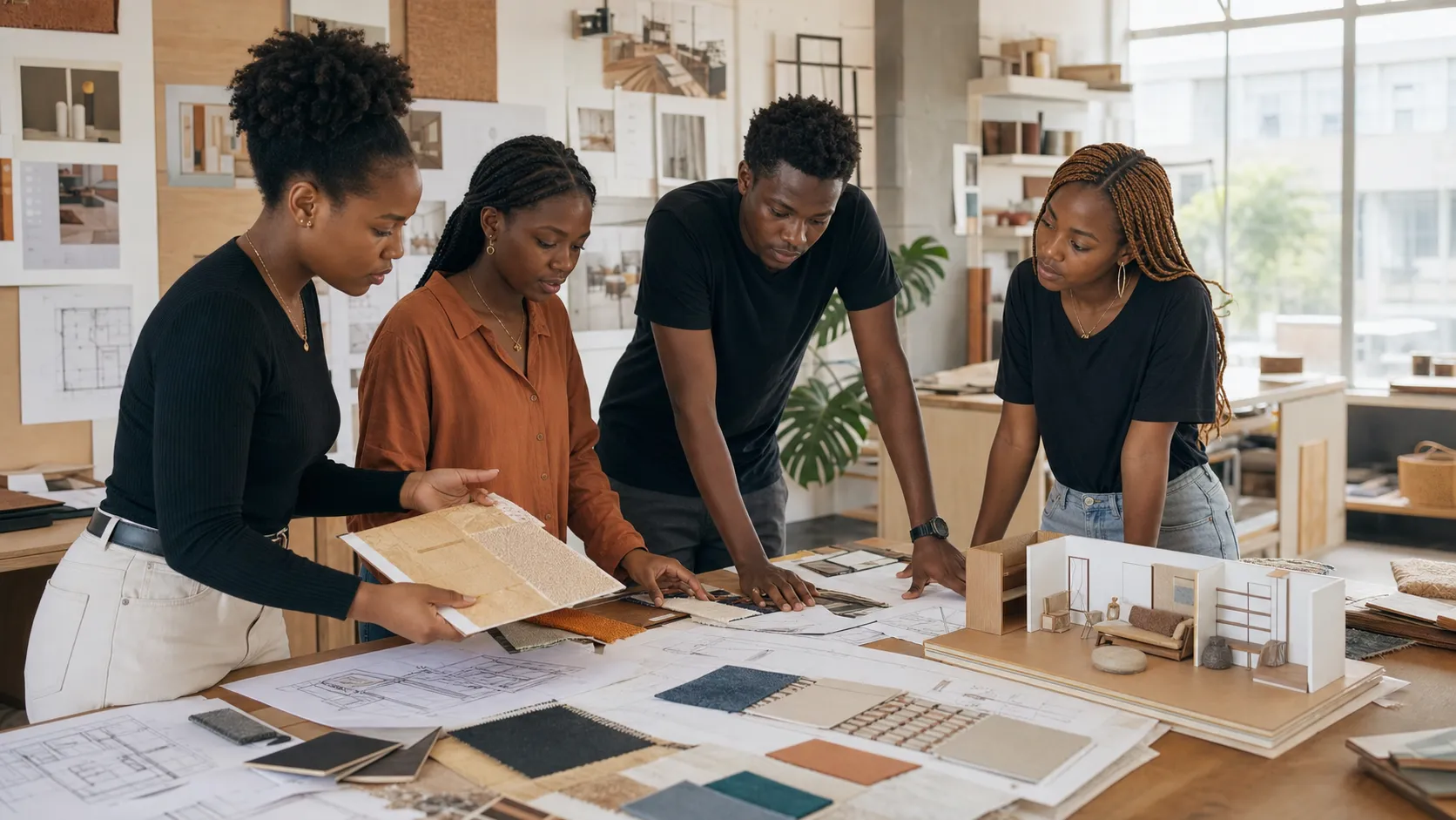 Interior design team reviewing material samples and a room model