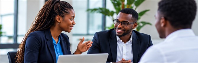 Professionals discussing ideas around a laptop