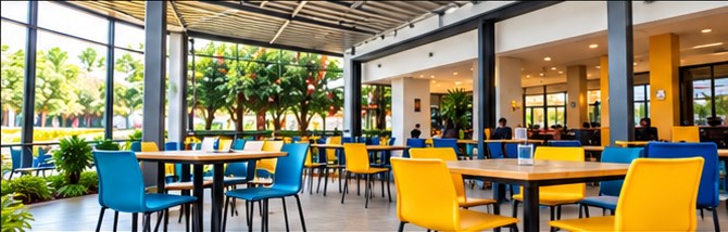 Bright hospitality terrace with blue and yellow seating