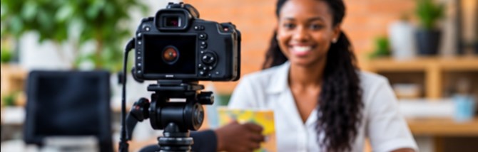 Content creator presenting to a video camera