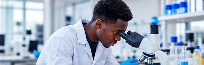 Young researcher working with a microscope in a laboratory