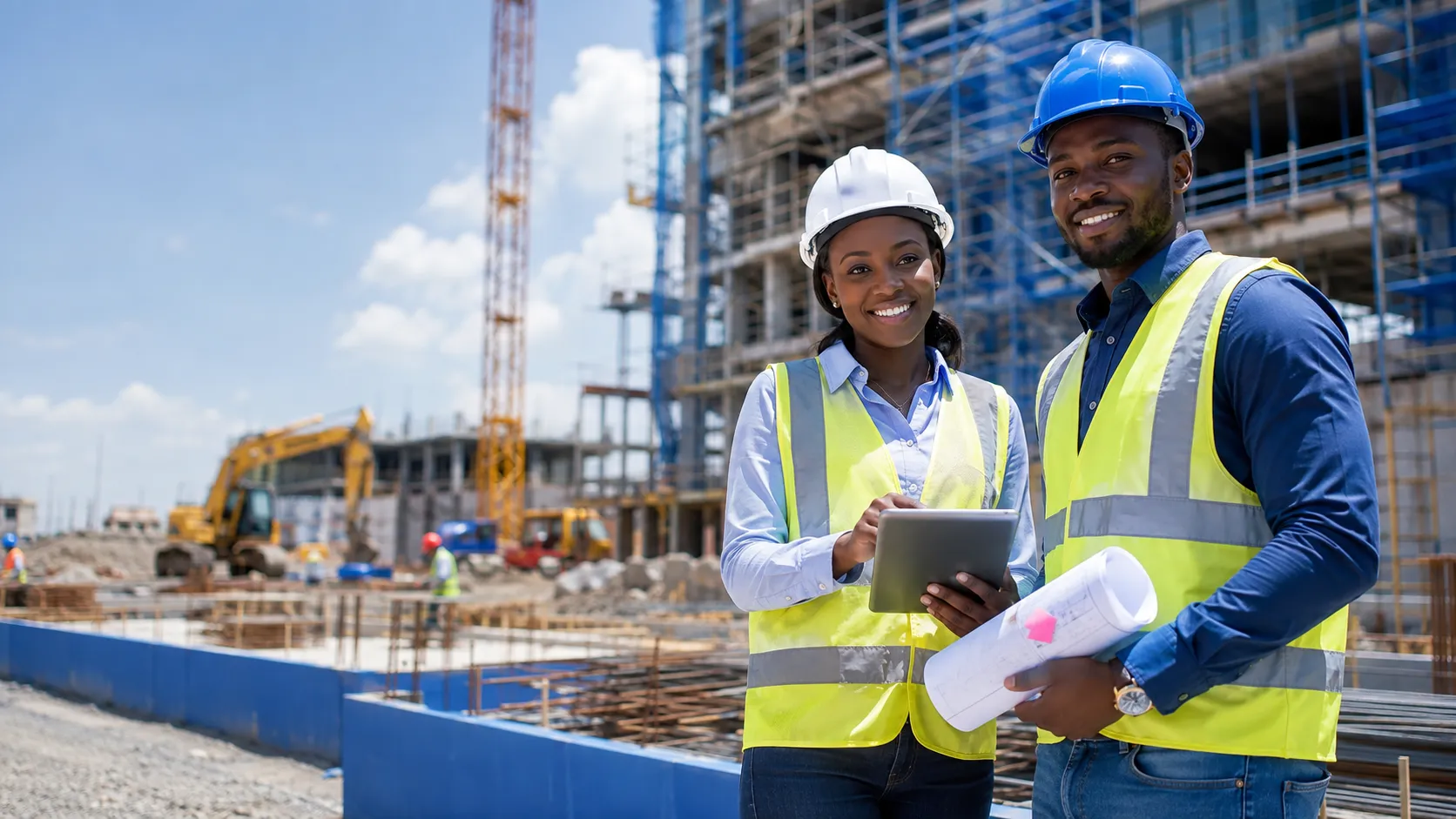 Design and construction professionals reviewing plans at a building site