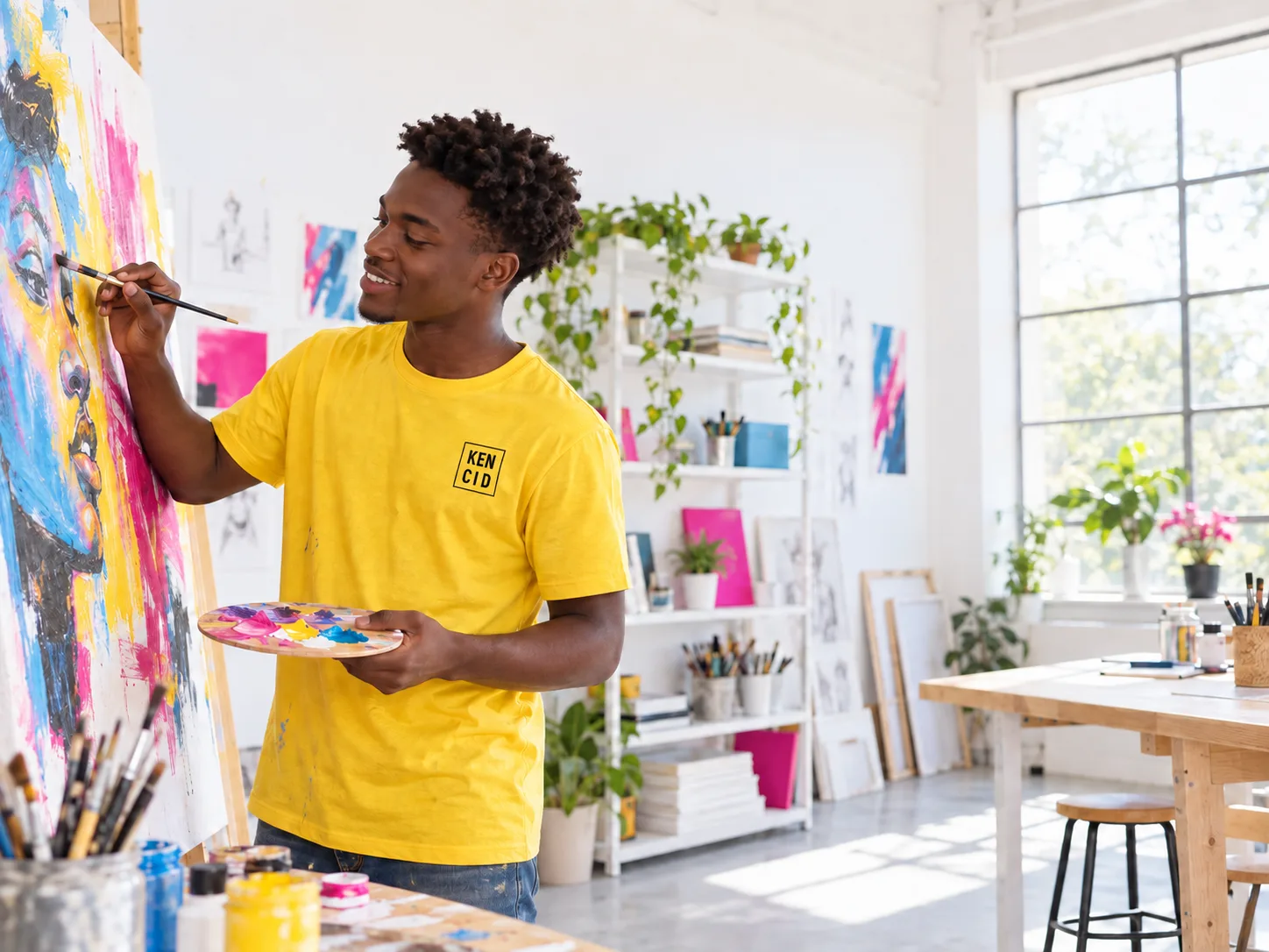 KENCID student painting in a bright creative college studio